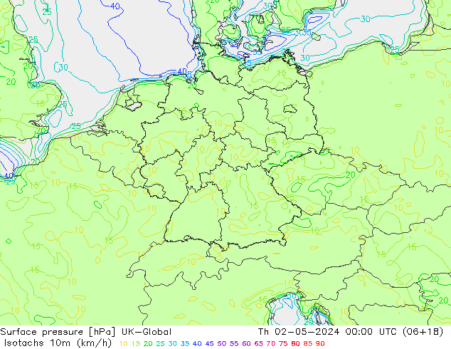 Isotachs (kph) UK-Global Čt 02.05.2024 00 UTC