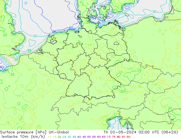 Isotachen (km/h) UK-Global Do 02.05.2024 02 UTC