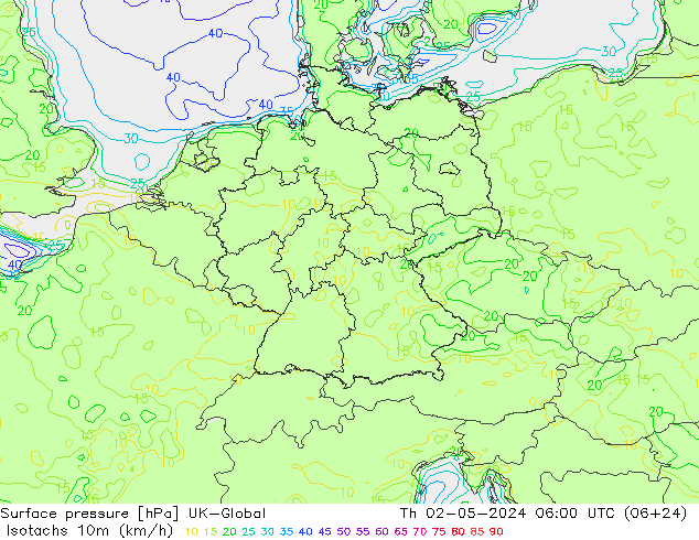 Isotachs (kph) UK-Global gio 02.05.2024 06 UTC