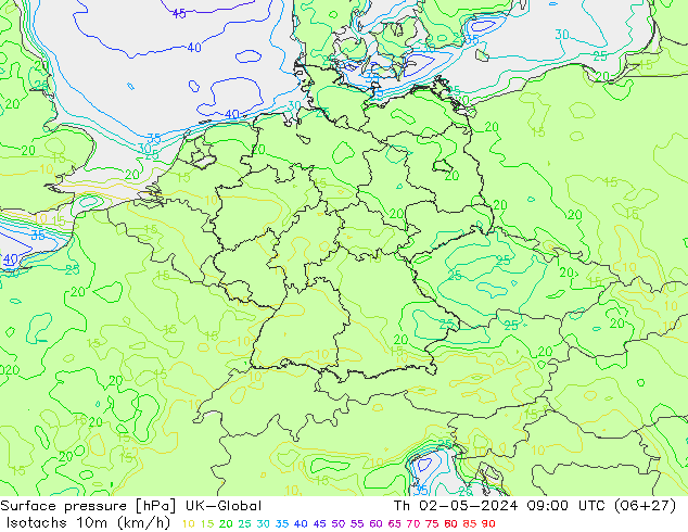 Isotachs (kph) UK-Global Qui 02.05.2024 09 UTC