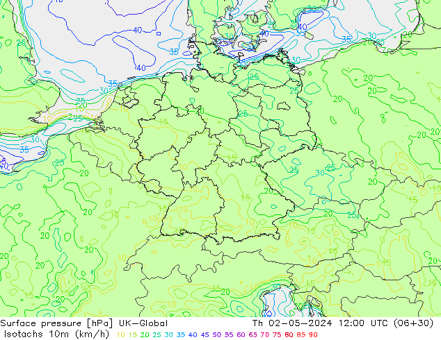 Isotachen (km/h) UK-Global Do 02.05.2024 12 UTC