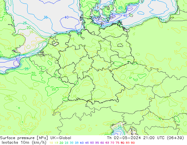 Isotachs (kph) UK-Global Th 02.05.2024 21 UTC