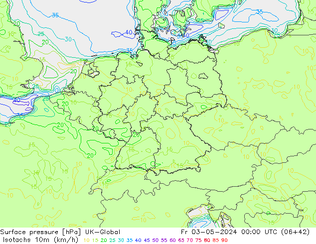 Isotachen (km/h) UK-Global vr 03.05.2024 00 UTC