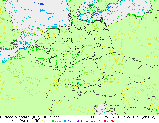 Isotachen (km/h) UK-Global vr 03.05.2024 06 UTC