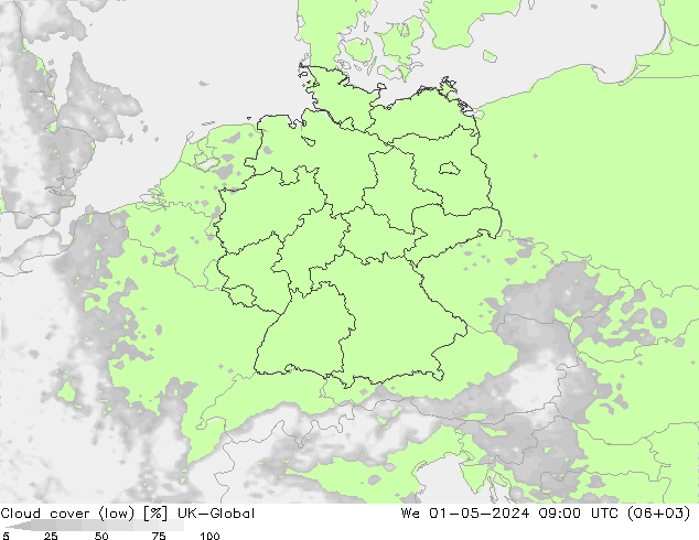 Cloud cover (low) UK-Global We 01.05.2024 09 UTC