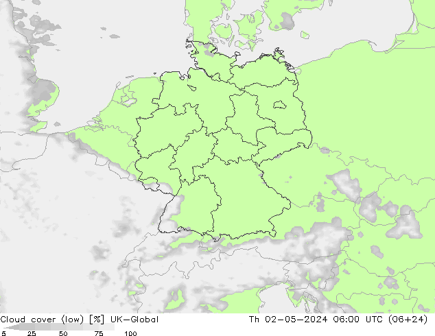 Cloud cover (low) UK-Global Th 02.05.2024 06 UTC