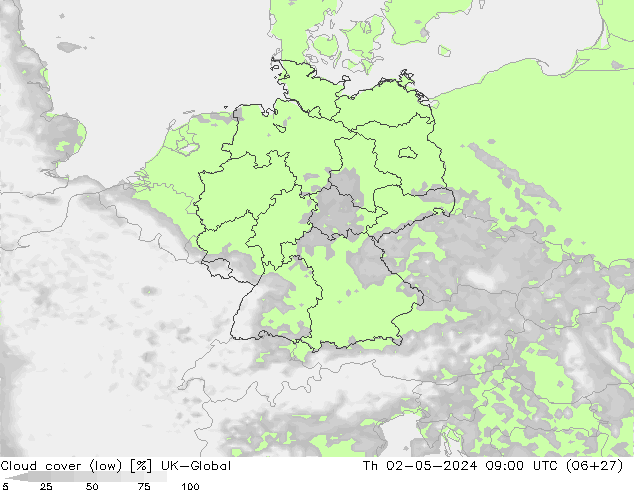 Cloud cover (low) UK-Global Th 02.05.2024 09 UTC