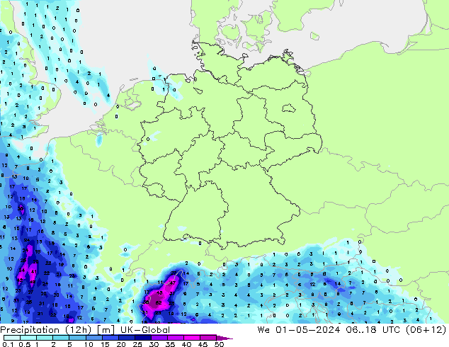 Precipitation (12h) UK-Global St 01.05.2024 18 UTC