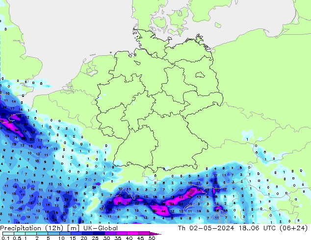 Precipitation (12h) UK-Global Th 02.05.2024 06 UTC