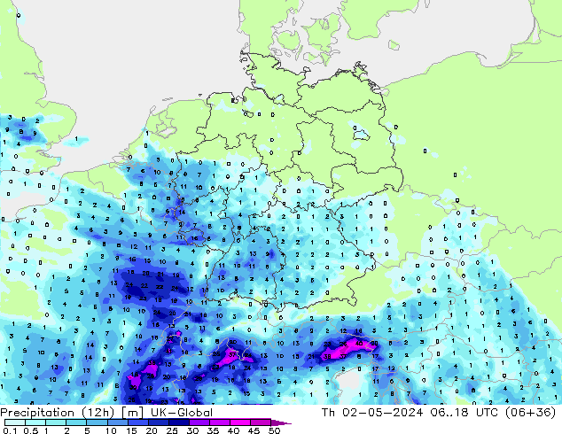 Precipitazione (12h) UK-Global gio 02.05.2024 18 UTC