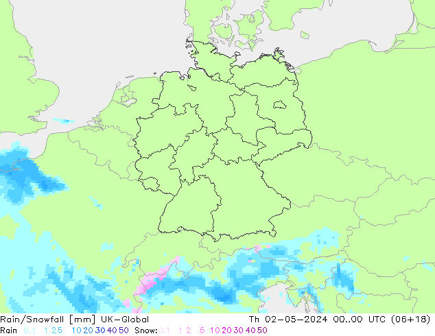 Rain/Snowfall UK-Global gio 02.05.2024 00 UTC