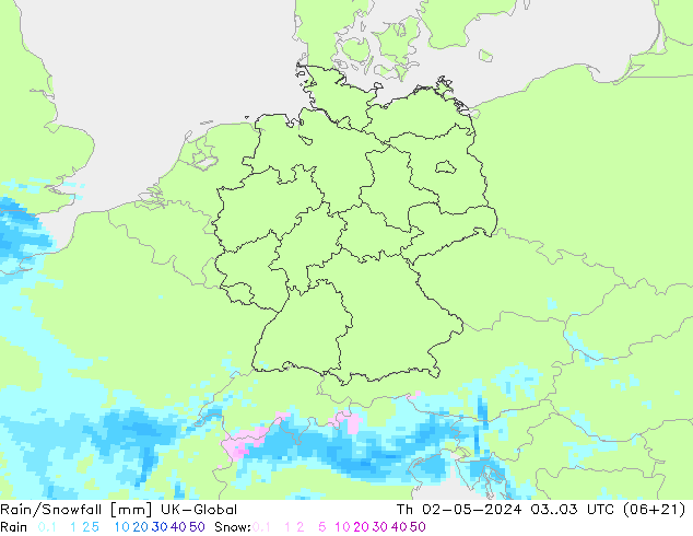 Rain/Snowfall UK-Global Th 02.05.2024 03 UTC