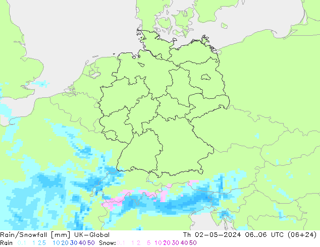 Rain/Snowfall UK-Global Th 02.05.2024 06 UTC