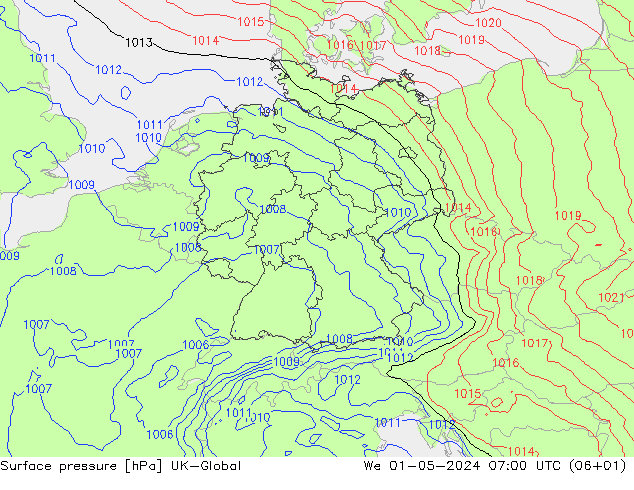 Surface pressure UK-Global We 01.05.2024 07 UTC