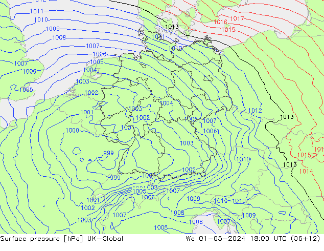 Pressione al suolo UK-Global mer 01.05.2024 18 UTC