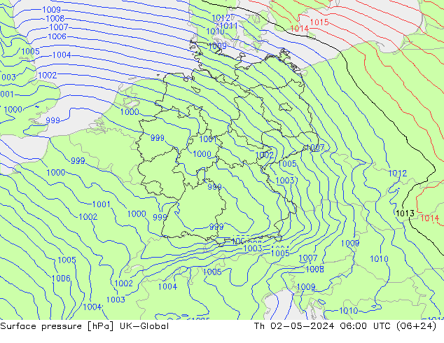 Pressione al suolo UK-Global gio 02.05.2024 06 UTC