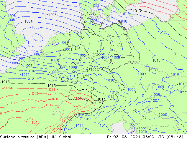 Pressione al suolo UK-Global ven 03.05.2024 06 UTC