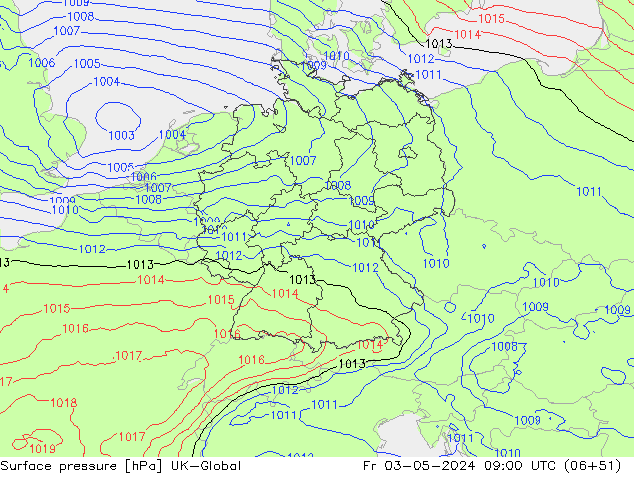 Pressione al suolo UK-Global ven 03.05.2024 09 UTC