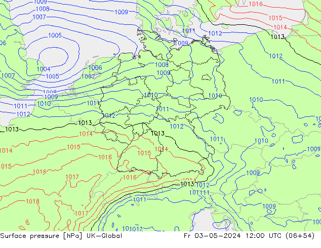 Pressione al suolo UK-Global ven 03.05.2024 12 UTC