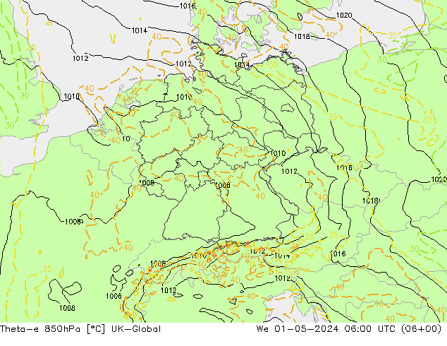 Theta-e 850hPa UK-Global wo 01.05.2024 06 UTC