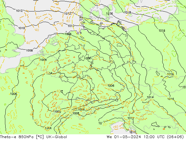 Theta-e 850hPa UK-Global wo 01.05.2024 12 UTC