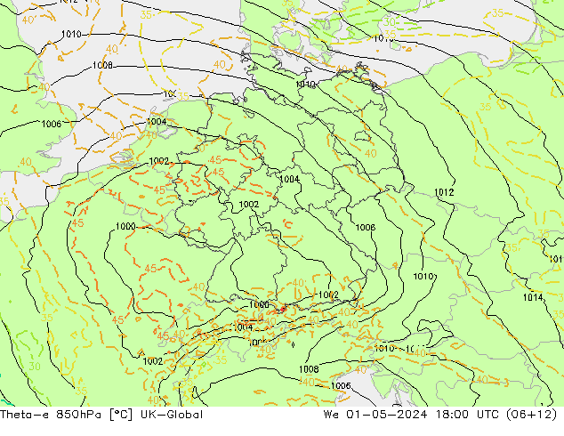 Theta-e 850hPa UK-Global We 01.05.2024 18 UTC