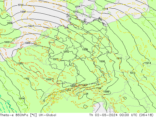 Theta-e 850hPa UK-Global Qui 02.05.2024 00 UTC