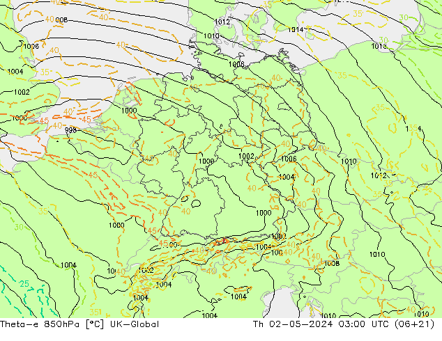 Theta-e 850hPa UK-Global Th 02.05.2024 03 UTC