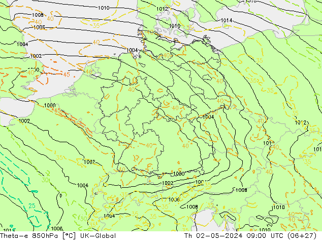 Theta-e 850hPa UK-Global Per 02.05.2024 09 UTC