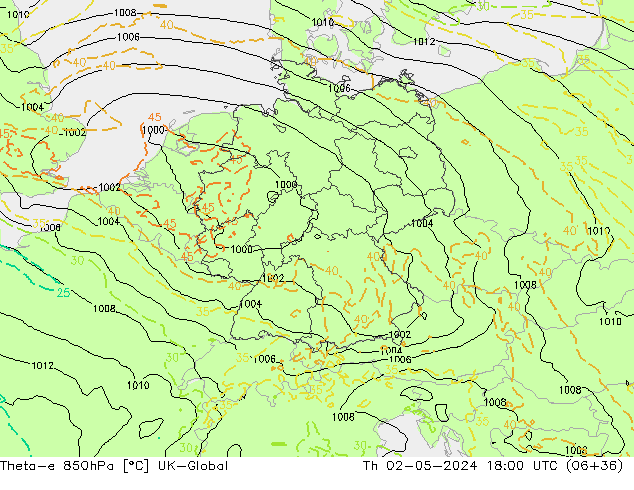 Theta-e 850hPa UK-Global jeu 02.05.2024 18 UTC