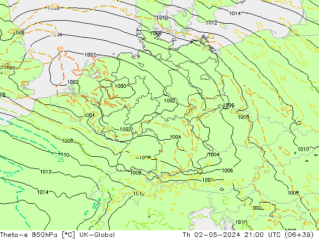 Theta-e 850hPa UK-Global jeu 02.05.2024 21 UTC