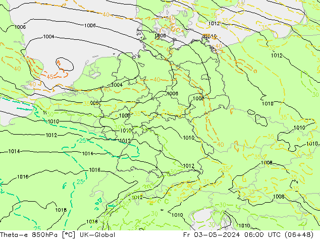 Theta-e 850hPa UK-Global Fr 03.05.2024 06 UTC