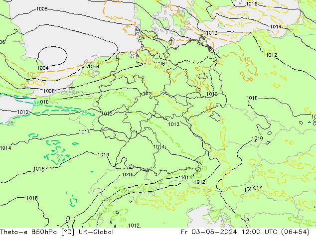 Theta-e 850hPa UK-Global Fr 03.05.2024 12 UTC