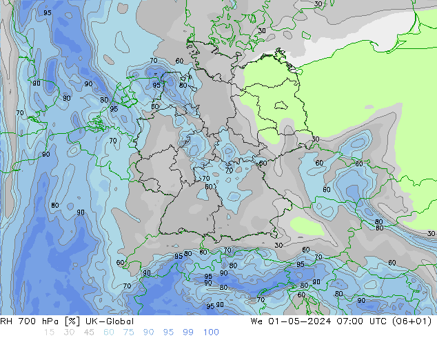 RH 700 hPa UK-Global We 01.05.2024 07 UTC