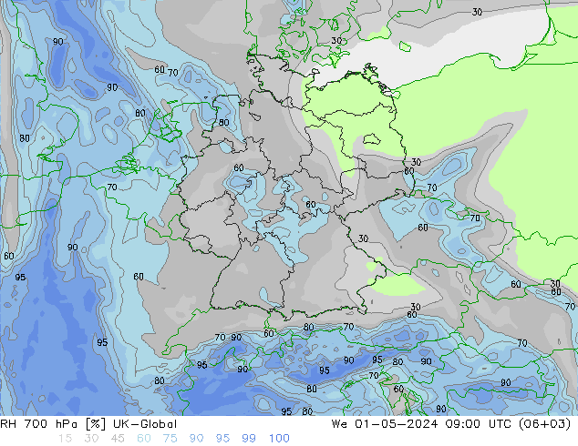 RH 700 hPa UK-Global We 01.05.2024 09 UTC