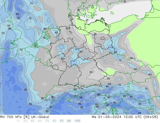 Humedad rel. 700hPa UK-Global mié 01.05.2024 12 UTC