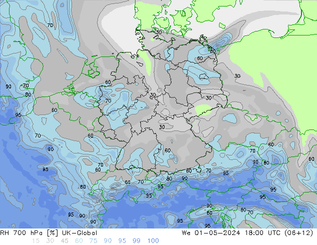 RH 700 hPa UK-Global śro. 01.05.2024 18 UTC