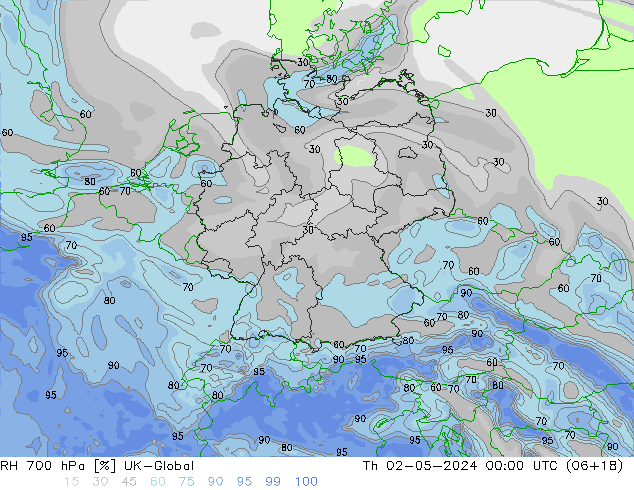 RH 700 hPa UK-Global Th 02.05.2024 00 UTC