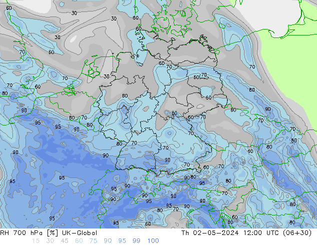 RH 700 hPa UK-Global czw. 02.05.2024 12 UTC