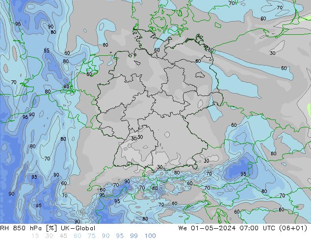 RH 850 hPa UK-Global  01.05.2024 07 UTC