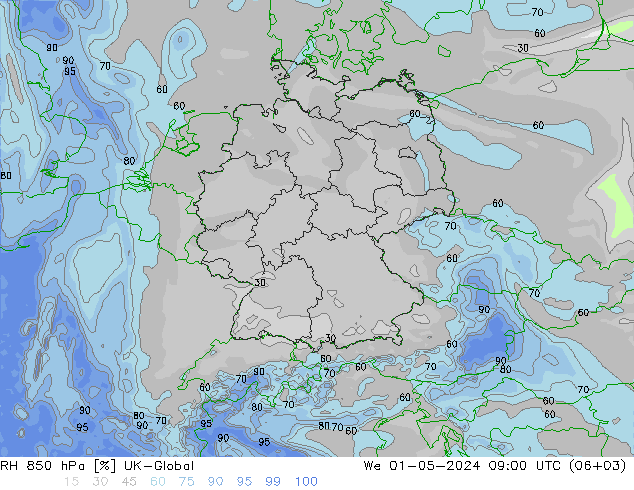 RH 850 hPa UK-Global St 01.05.2024 09 UTC