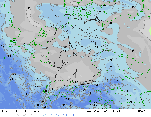 RH 850 hPa UK-Global We 01.05.2024 21 UTC