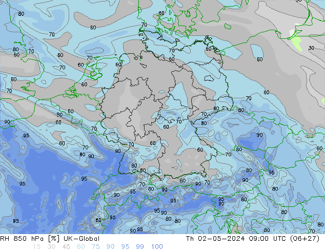 RH 850 hPa UK-Global Th 02.05.2024 09 UTC