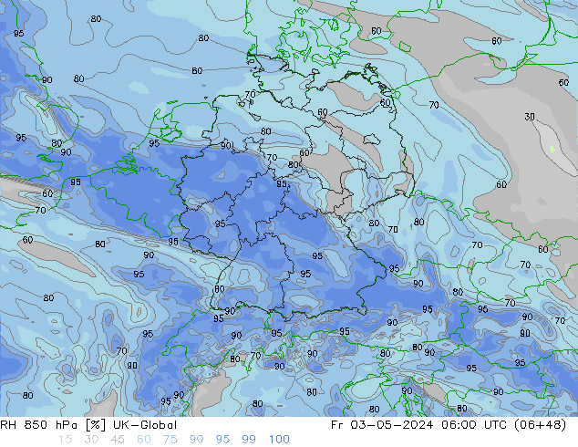 Humidité rel. 850 hPa UK-Global ven 03.05.2024 06 UTC