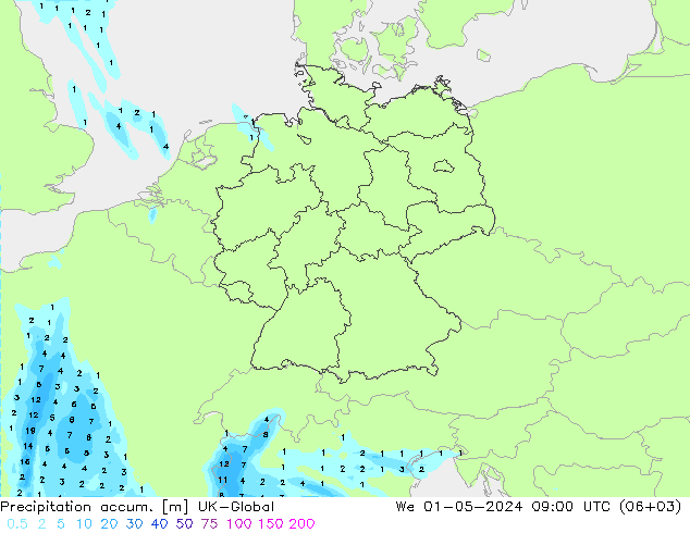 Precipitation accum. UK-Global St 01.05.2024 09 UTC