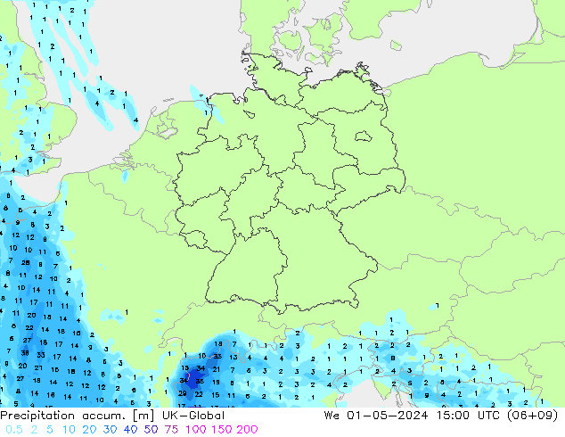 Precipitation accum. UK-Global śro. 01.05.2024 15 UTC