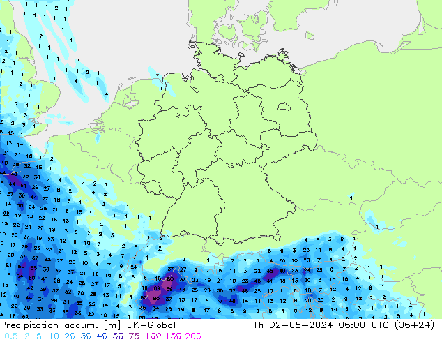 Precipitation accum. UK-Global czw. 02.05.2024 06 UTC