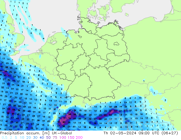 Precipitation accum. UK-Global Th 02.05.2024 09 UTC