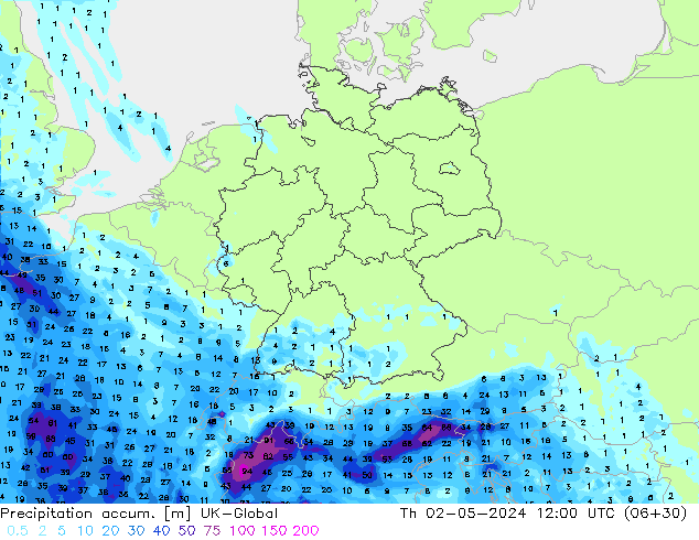 Precipitation accum. UK-Global Th 02.05.2024 12 UTC