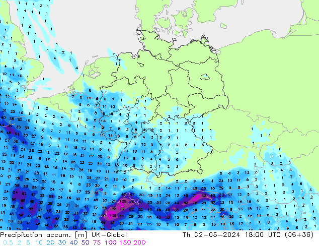 Précipitation accum. UK-Global jeu 02.05.2024 18 UTC